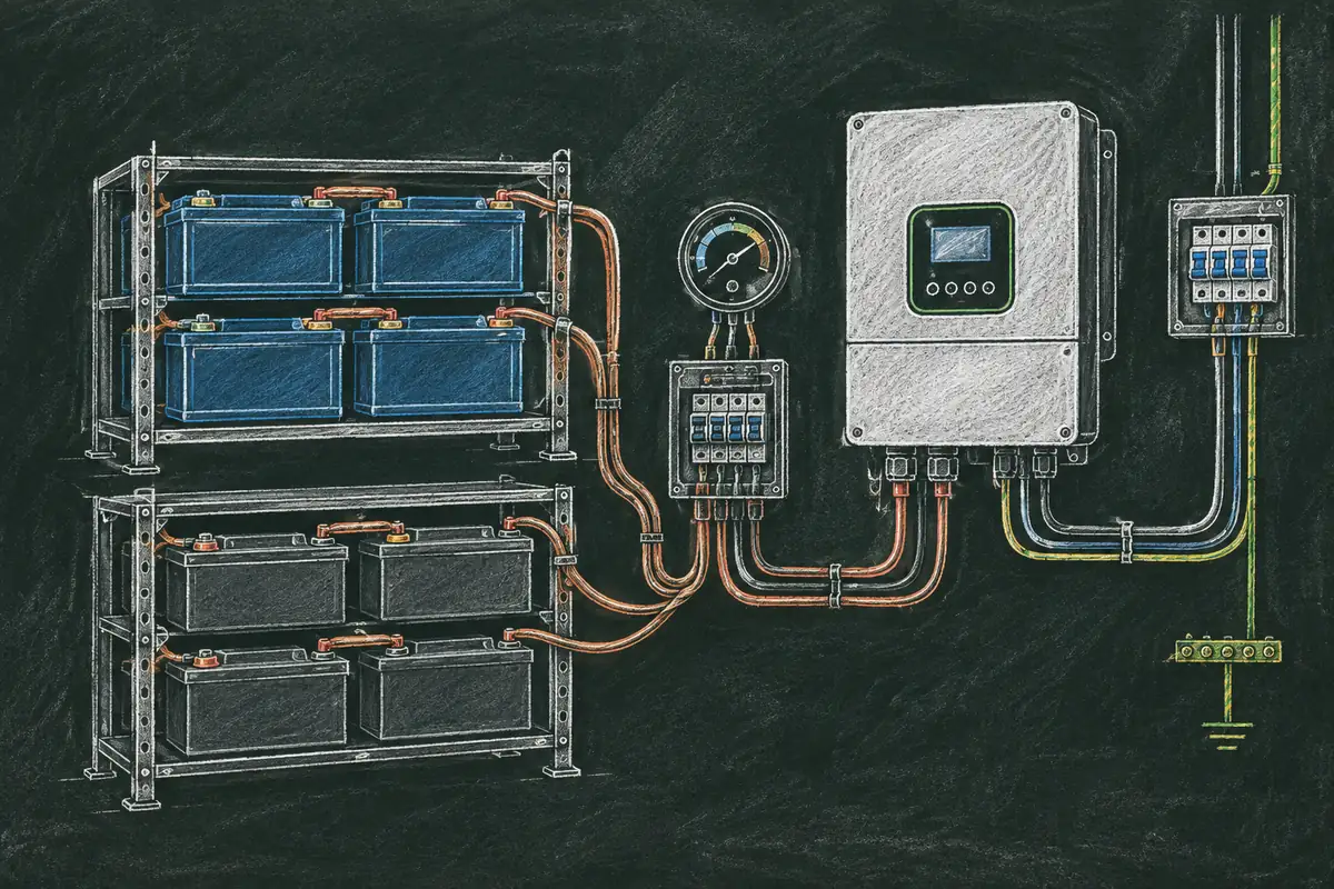 Шкаф с батареями LiFePO4 51,2V и AGM 24V подключены кабелем к инвертору Deye, рядом амперметр и монтажная панель