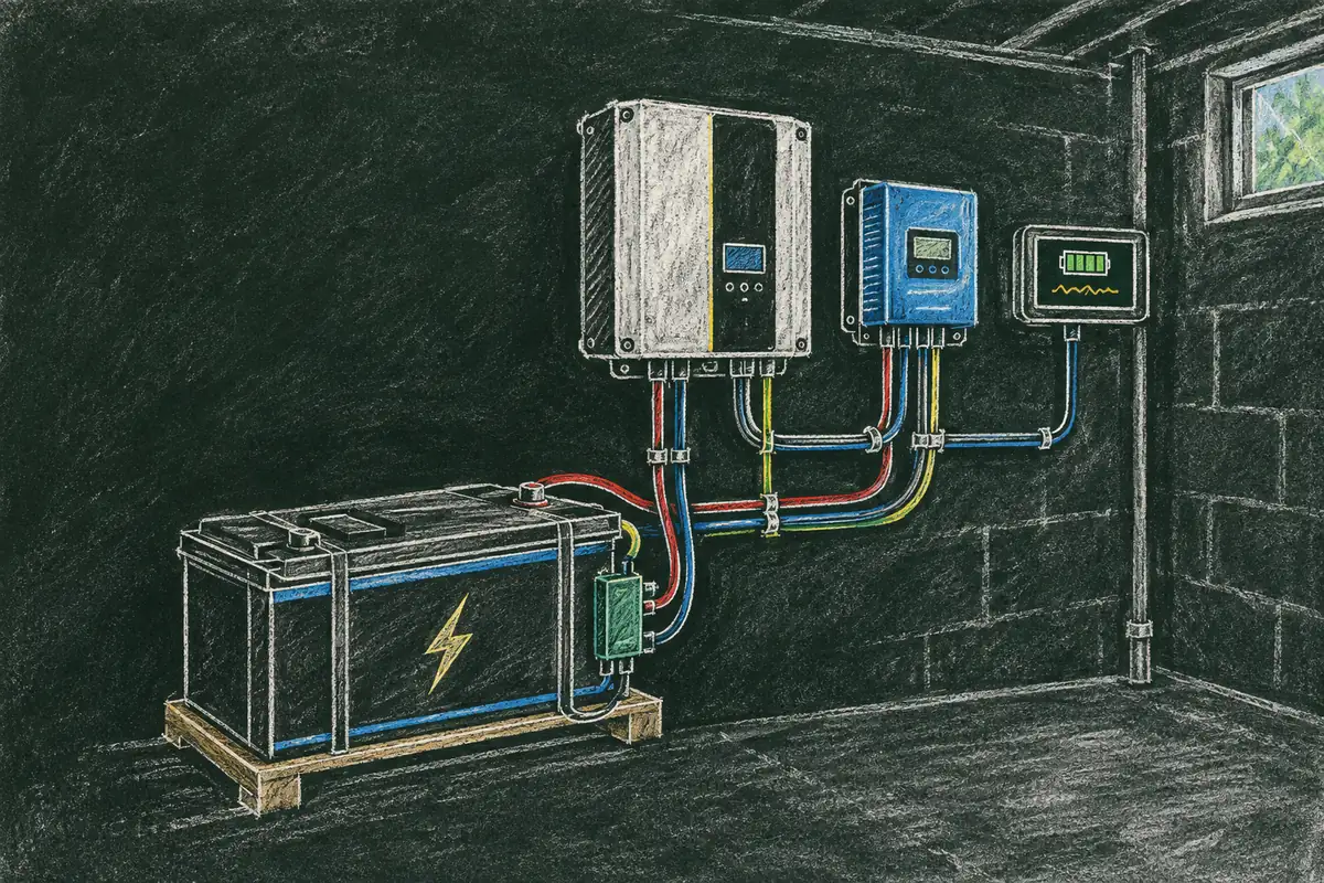 Аккумулятор LiFePO4 24 В с BMS, рядом инвертор и MPPT-контроллер