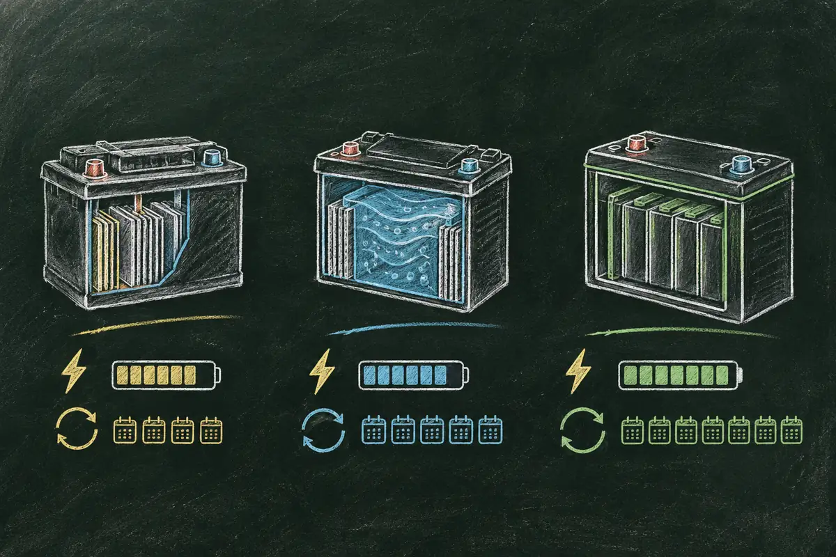 Три типа аккумуляторов: слева AGM свинцовый, в центре гелевый, справа LiFePO4 литиевый