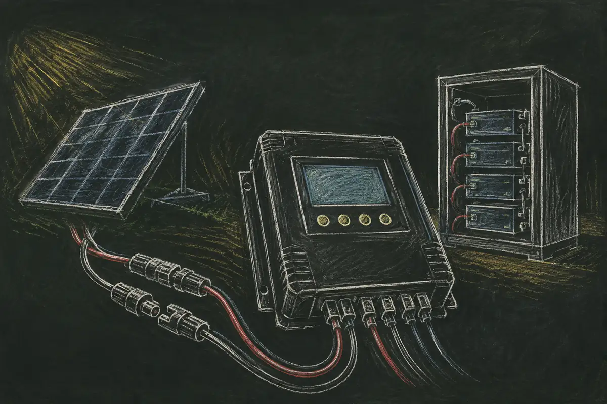 Контроллер MPPT с LCD экраном, рядом коннектор MC4, провода, батарея в углу