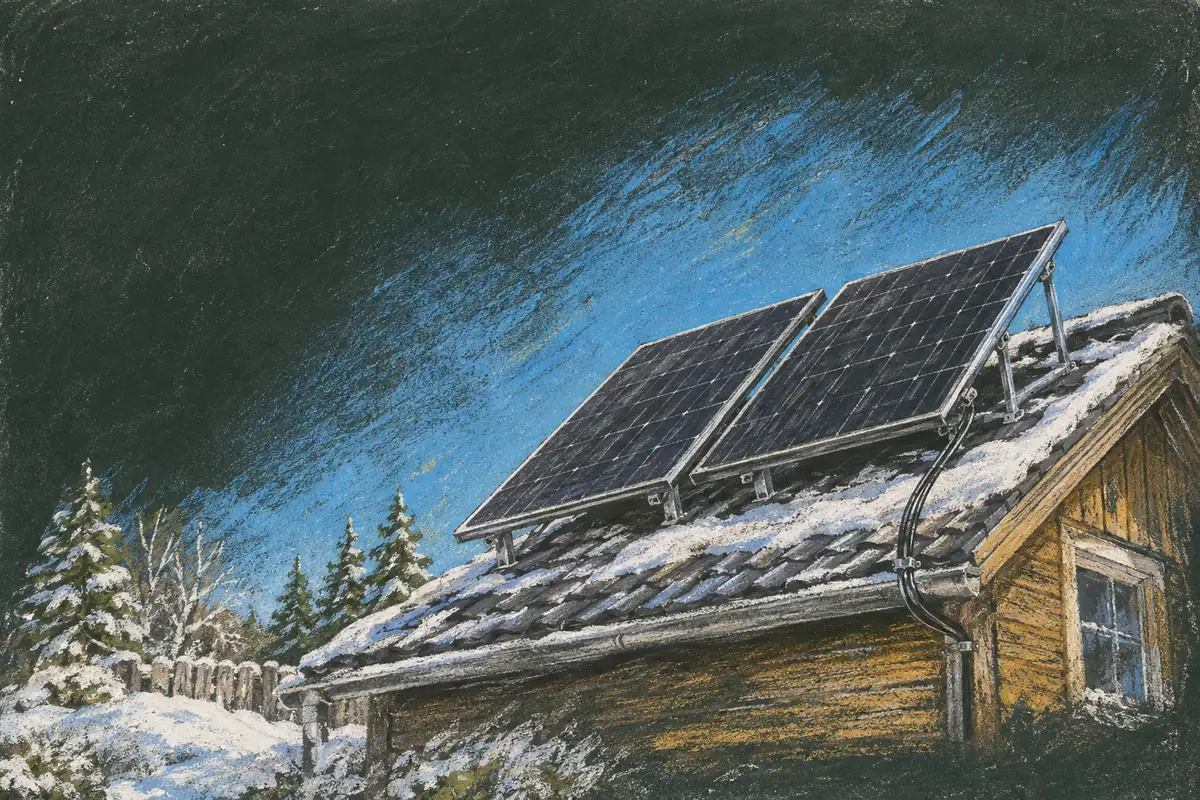 Портативная солнечная панель 100W с встроенным контроллером, лежит на красном кровельном материале дачного домика