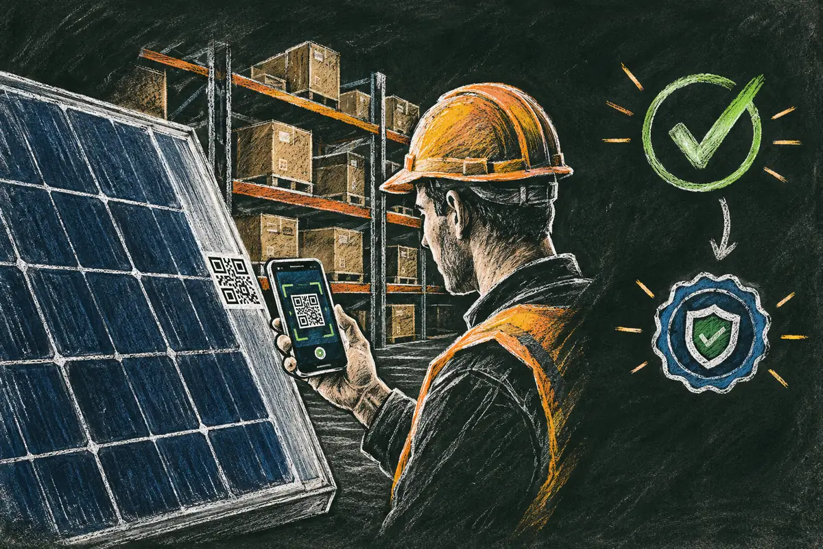 QR-код на раме солнечной панели, монтажник сканирует его телефоном