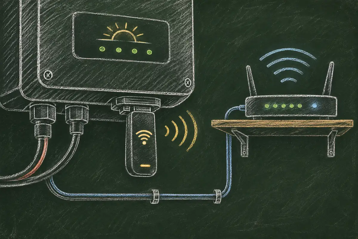 Wi-Fi роутер и гибридный инвертор в техническом помещении, кабели подключены