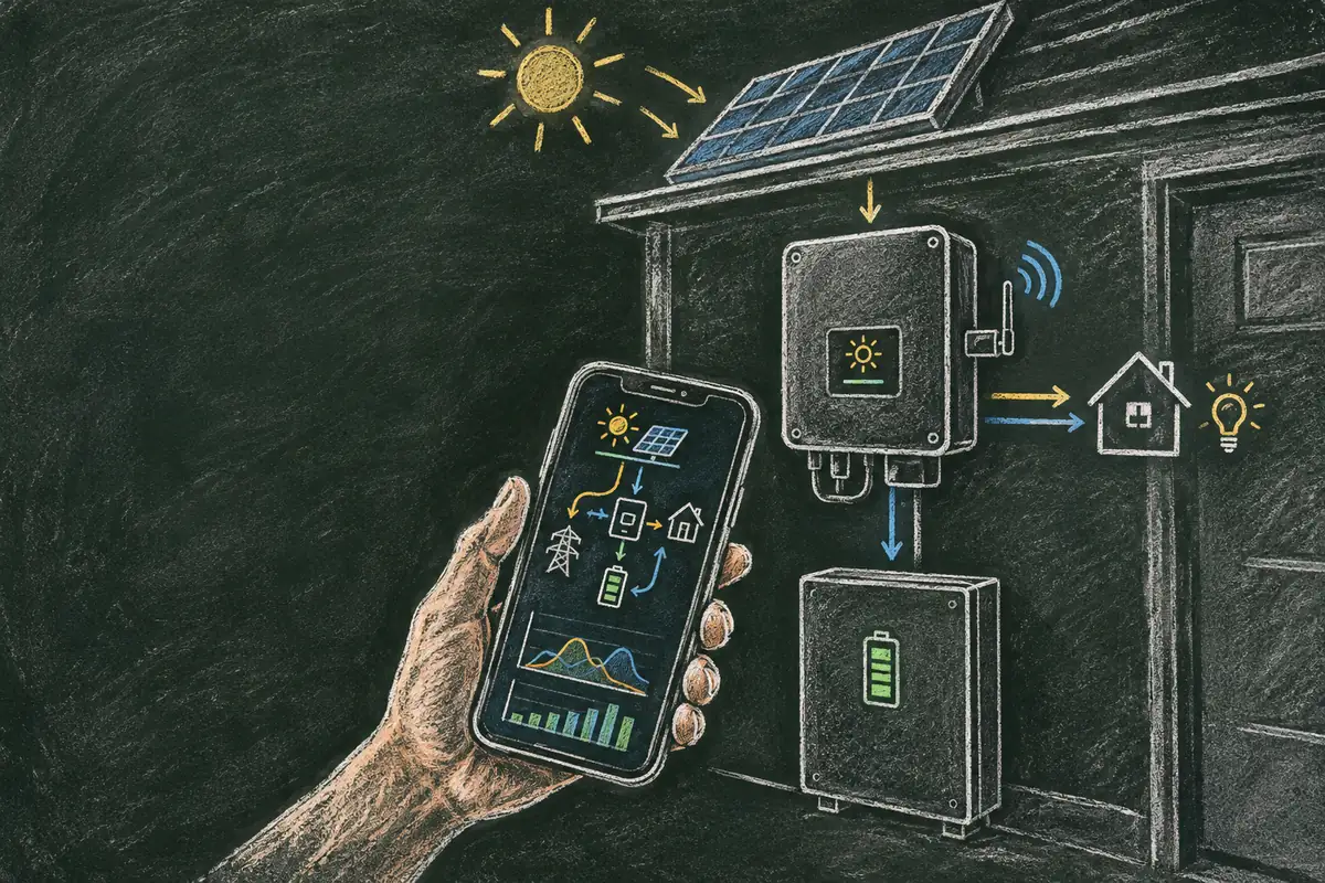 Смартфон с приложением Solarman на фоне гибридного инвертора и батареи LiFePO4, на экране график выработки и потребления